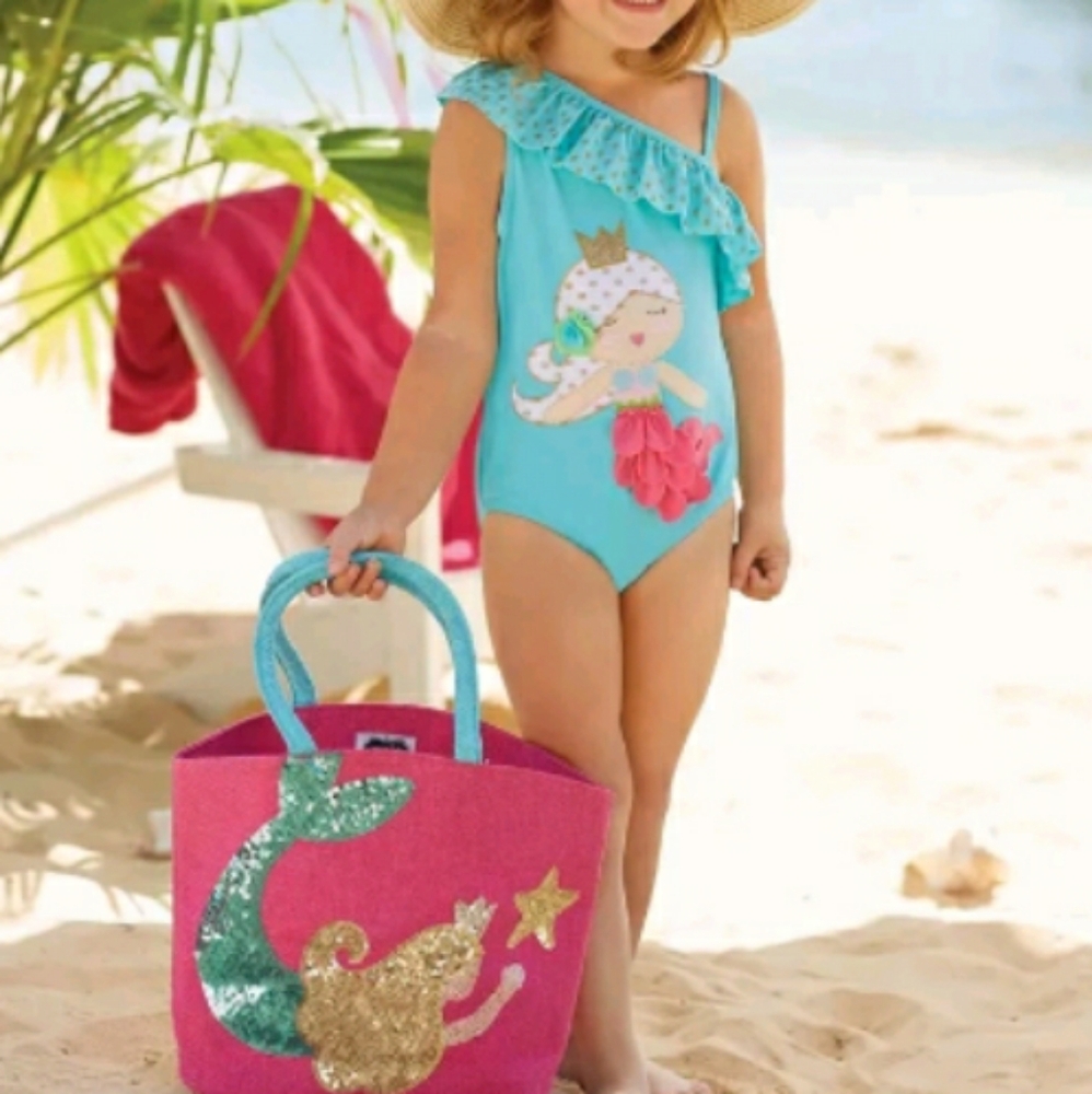MUD PIE Girls Aqua Mermaid Princess Ruffled Sparkle Glitter Crown Swimsuit Sz 3